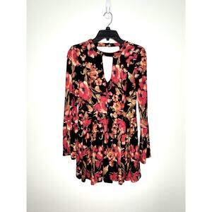 Free People Long Sleeve Mini Dress Sz 4 Multicolor Floral Split Sleeve Pockets